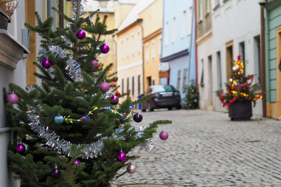 Šemberovu ulici v centru zdobí vánoční stromečky. Takto vypadá
